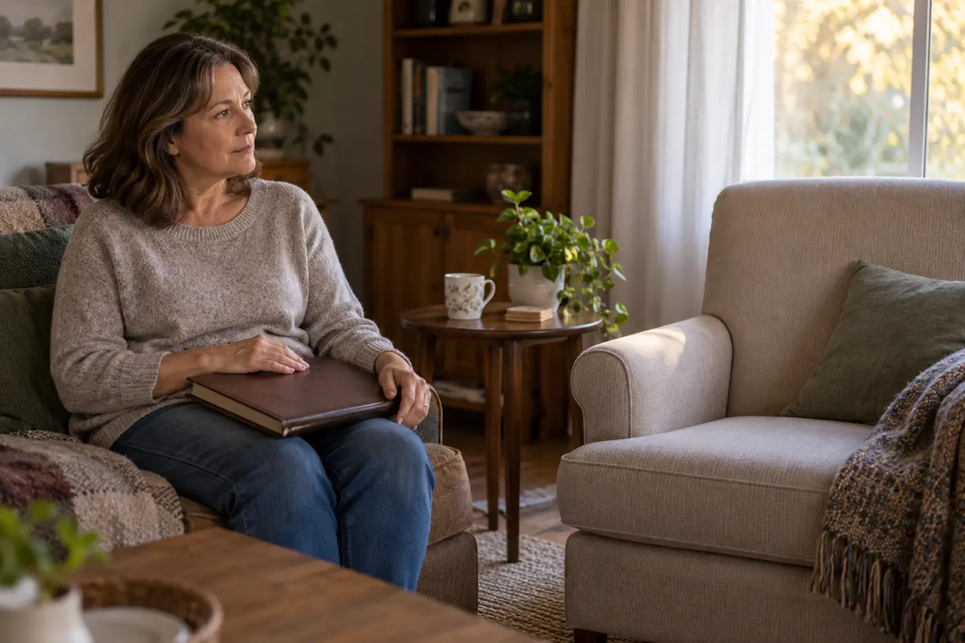 Adult sitting beside an empty chair with a closed family album on her lap