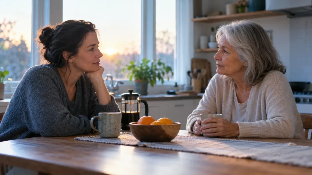 Adult child and older mother facing each other across a quiet kitchen table at dawn