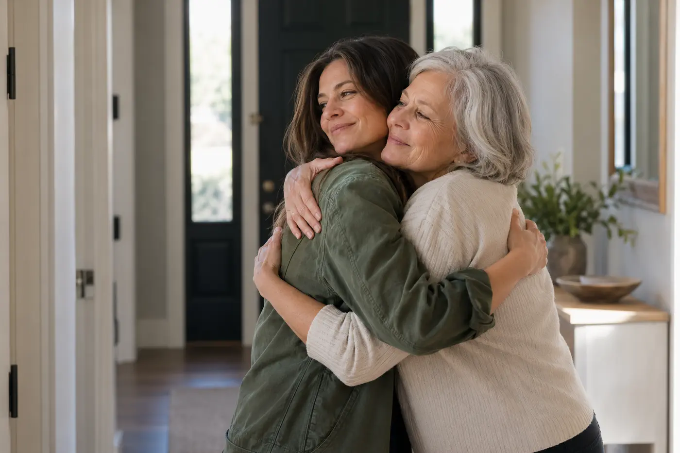 Adult daughter hugging her older mother in a softly lit hallway