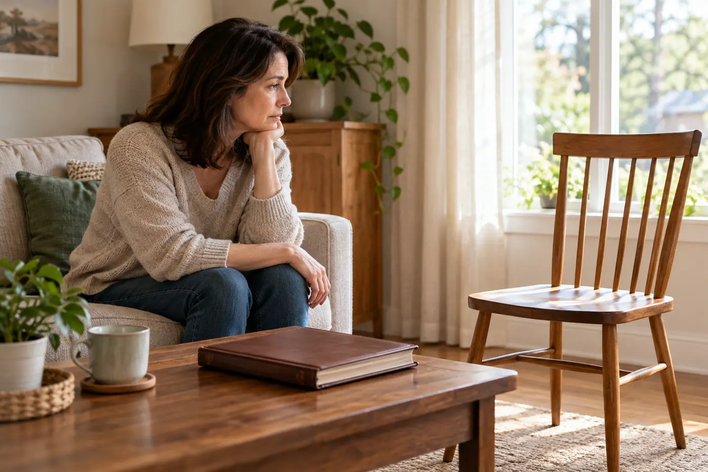 Woman sitting beside an empty chair and a closed family album