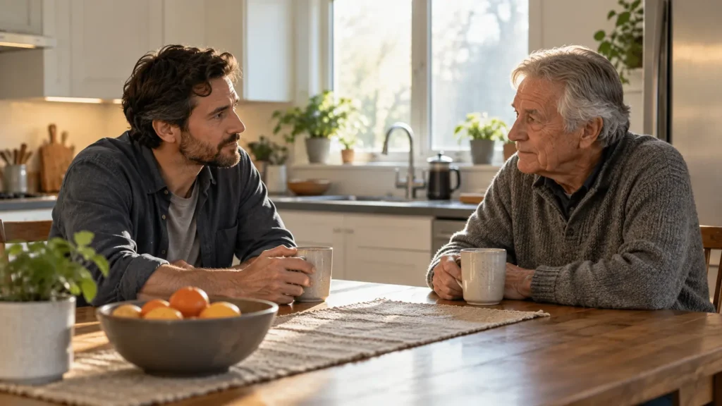 Adult son talking with his older father at a kitchen table