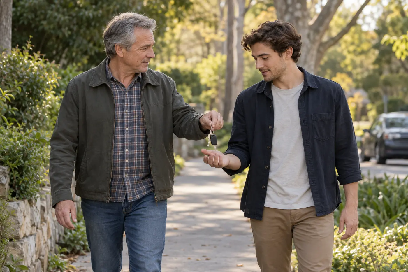 Older father handing car keys to his adult son on a neighborhood walk