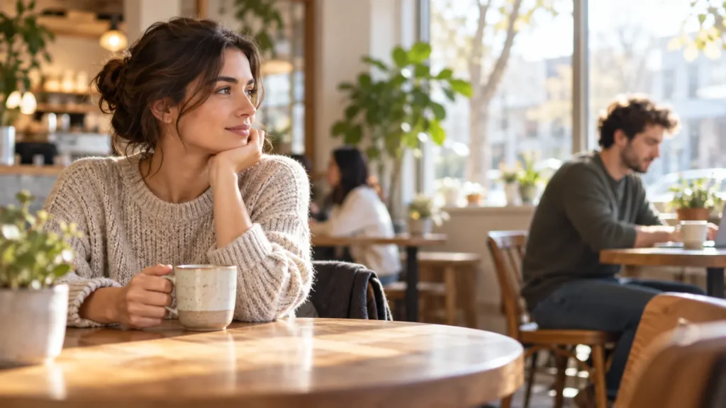 Woman at a cafe thinking while an acquaintance sits across the room
