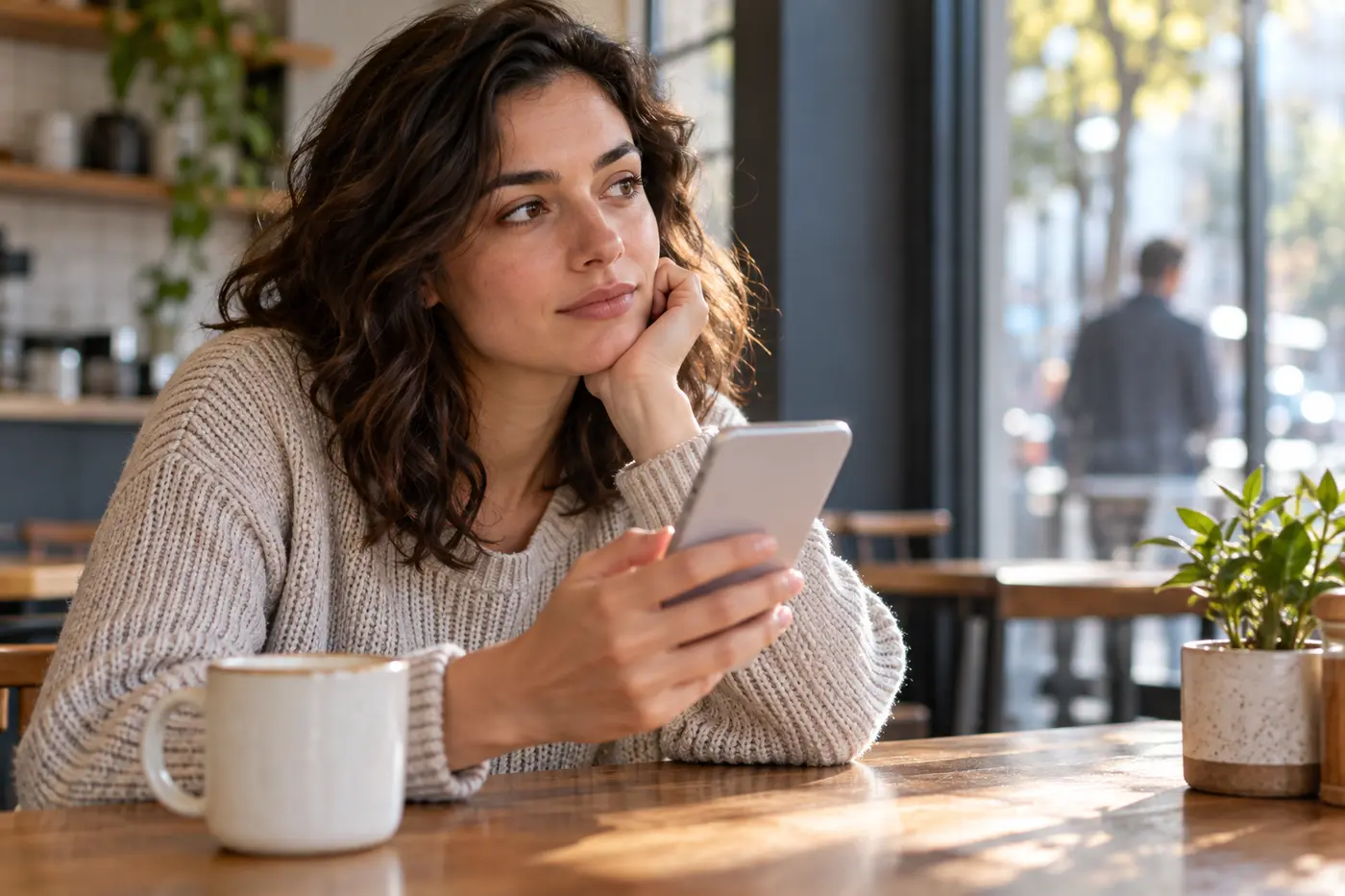 Woman holding her phone while thinking about an unanswered message