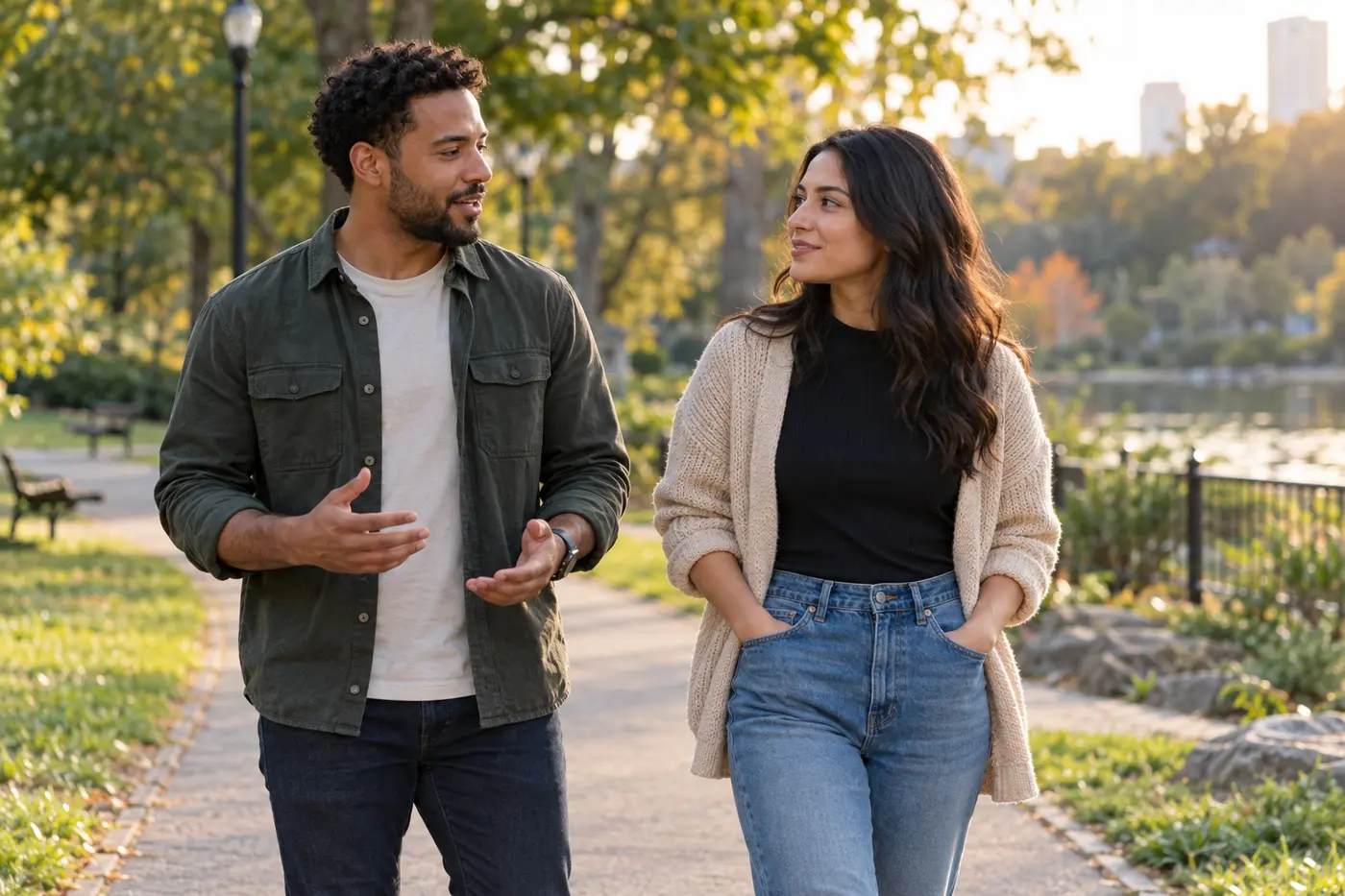 Two adults having a respectful conversation while walking in a park