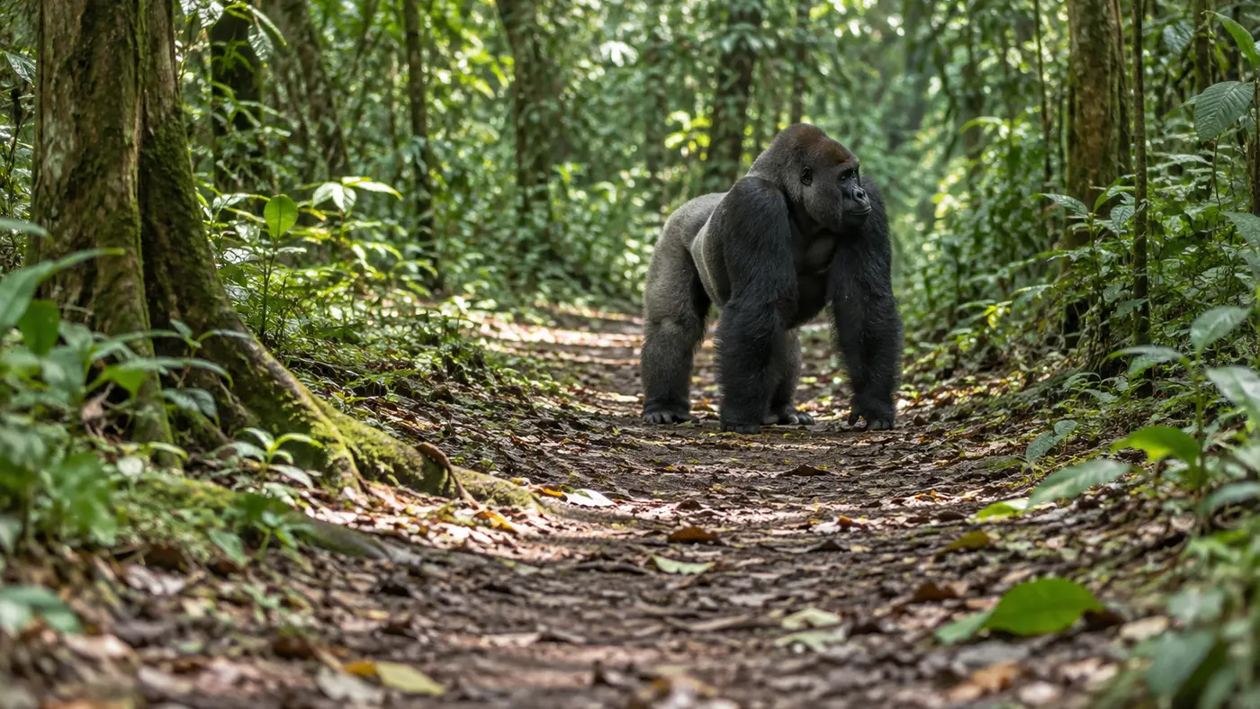 Gorilla standing at a respectful distance on a broad forest path