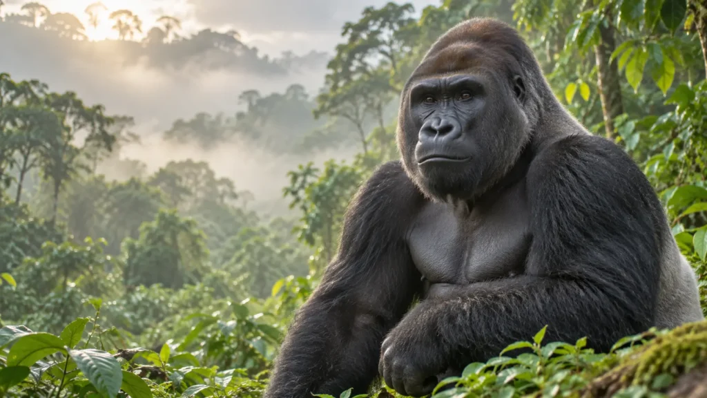 Calm adult gorilla resting in a misty green forest clearing