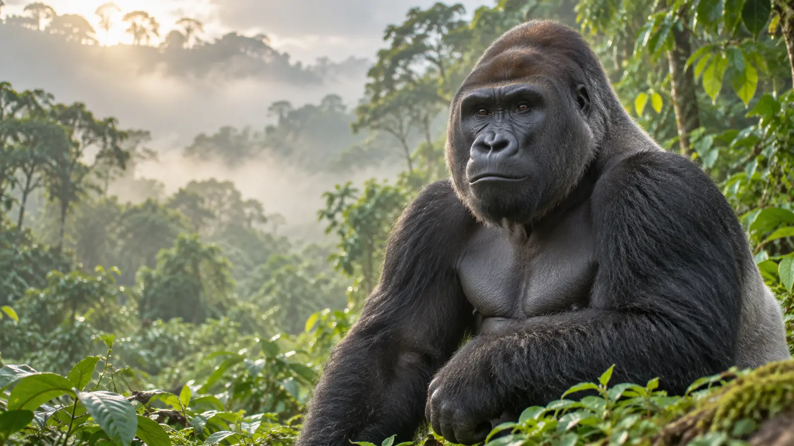 Calm adult gorilla resting in a misty green forest clearing
