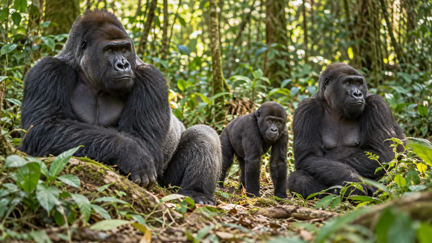 Silverback resting near an adult female and juvenile gorilla in a forest clearing