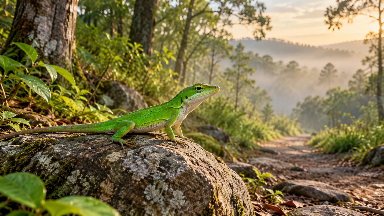 Green lizard resting on a stone beside a forest path at dawn