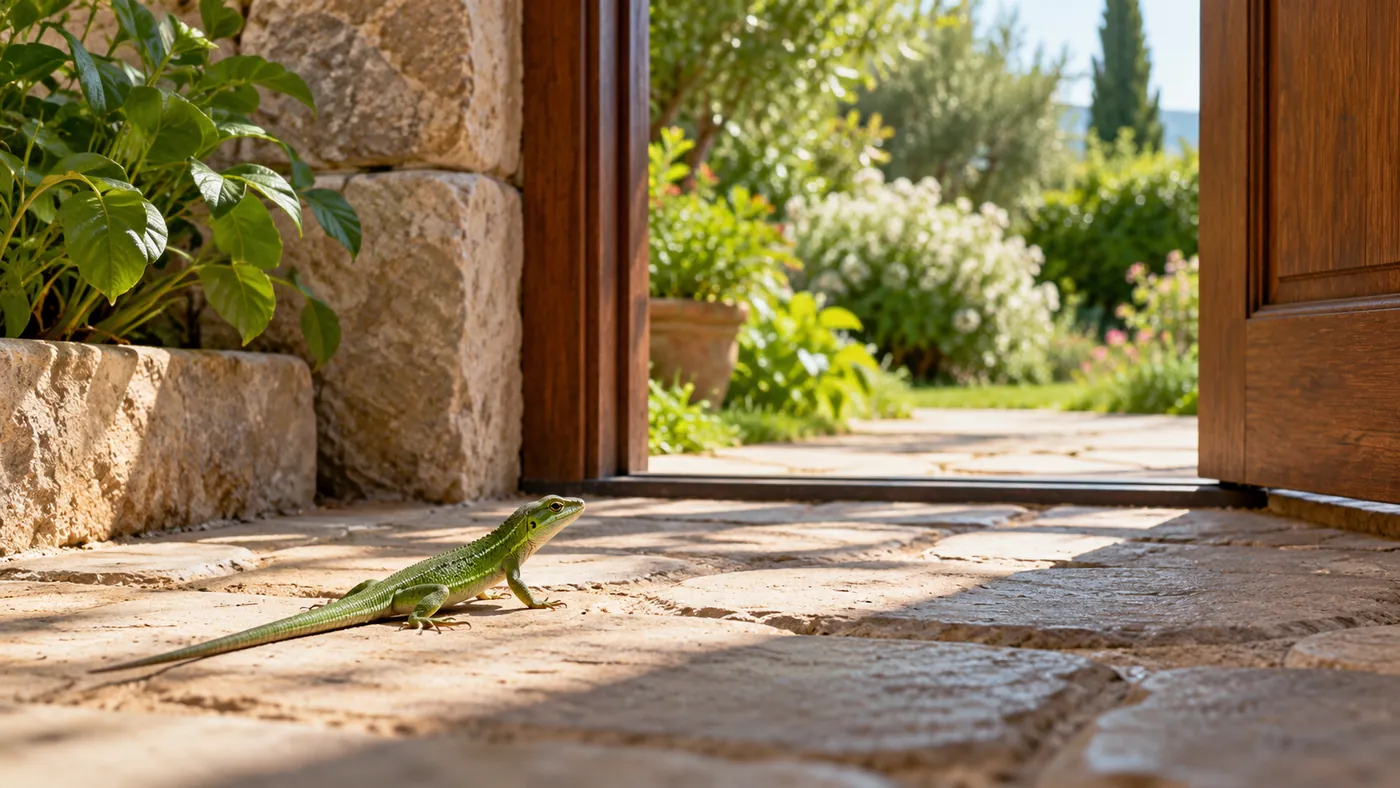 Small green lizard crossing a sunlit threshold between a house and garden