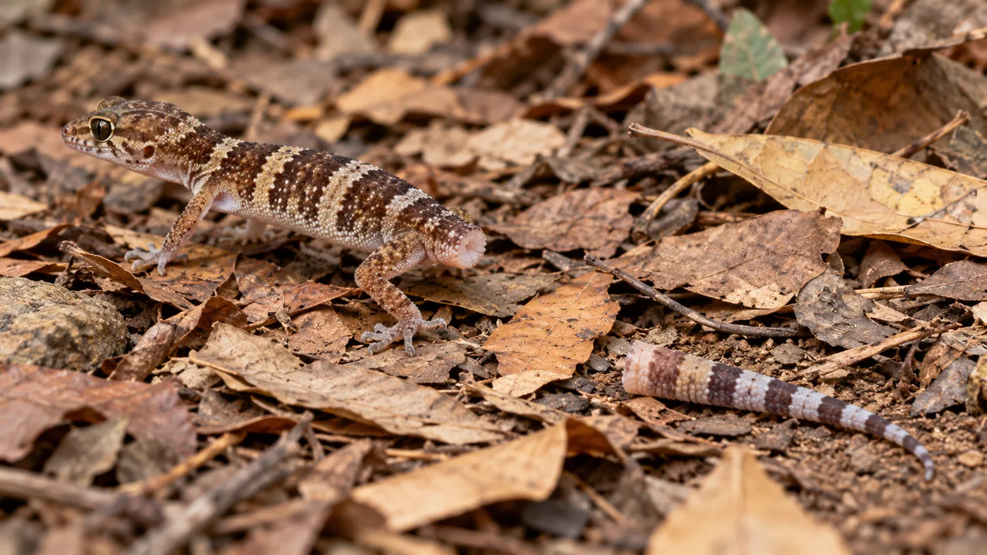 Banded gecko beside its detached tail among dry leaves