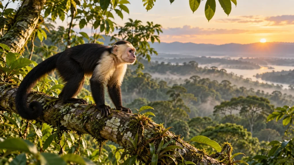 Capuchin monkey standing on a rainforest branch at dawn