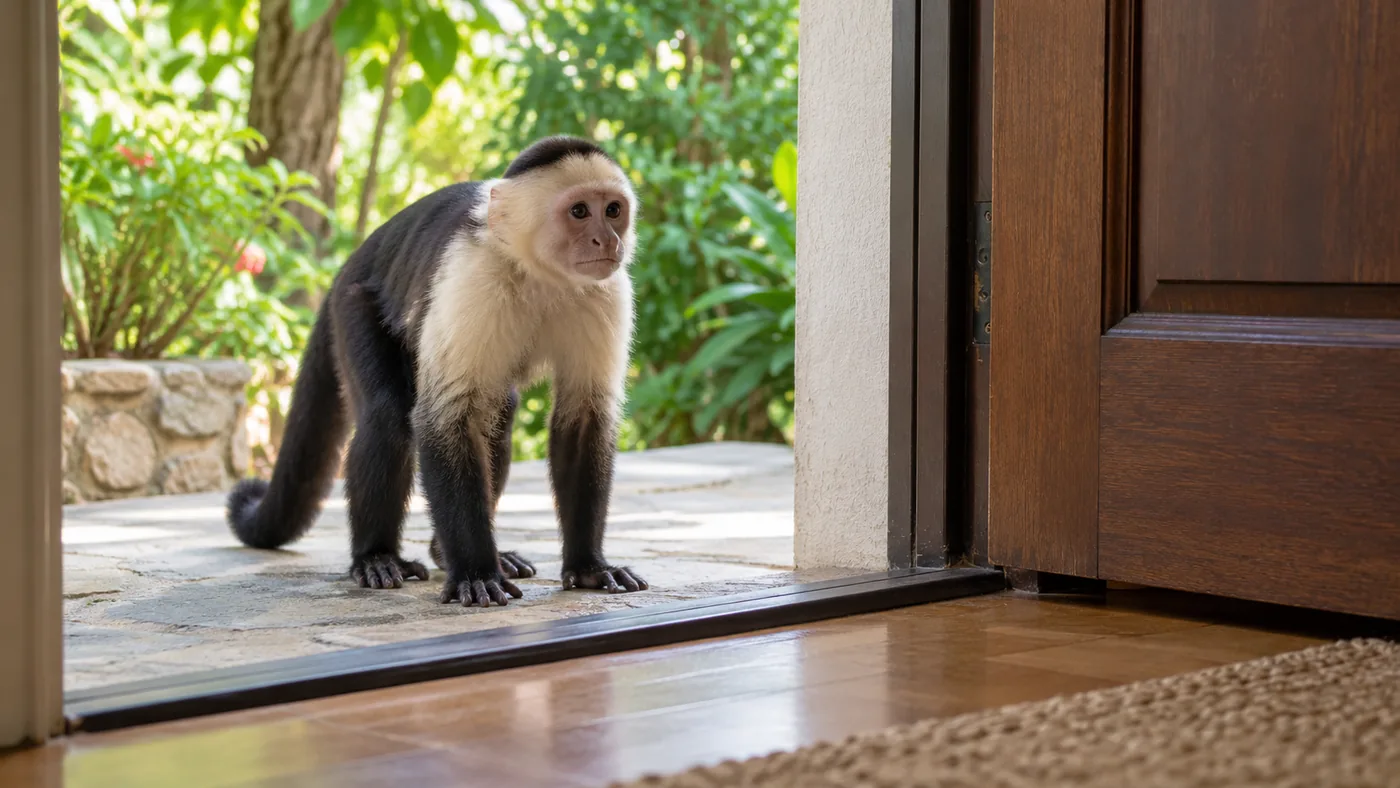 Capuchin monkey pausing outside an open doorway between a garden and house