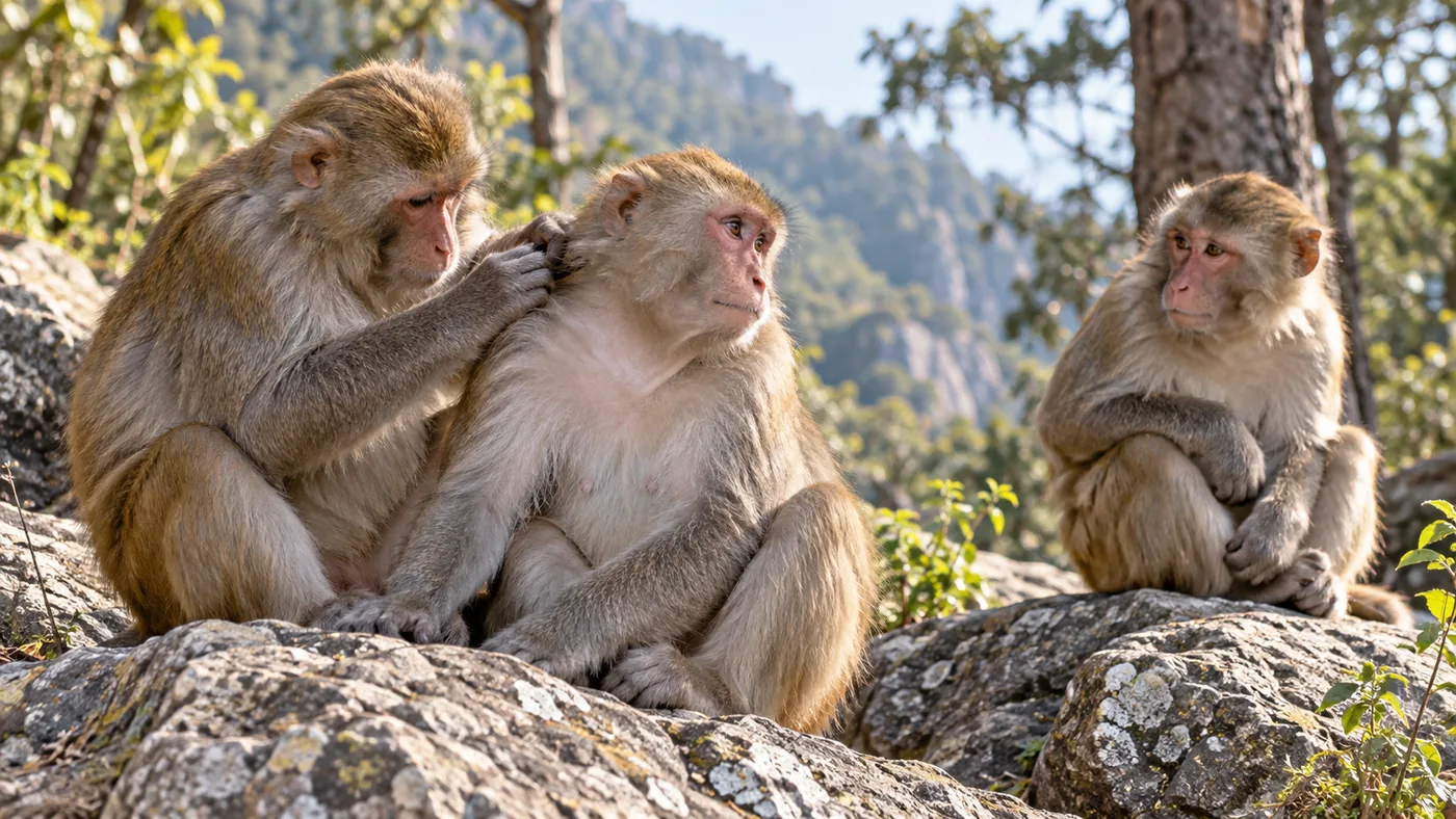 Three macaques grooming and watching one another on sunlit rocks