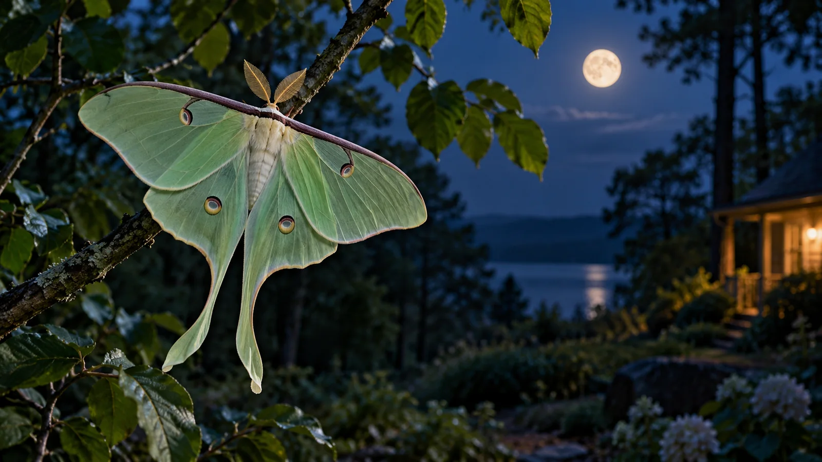 Luna moth resting on a moonlit branch near a distant porch light