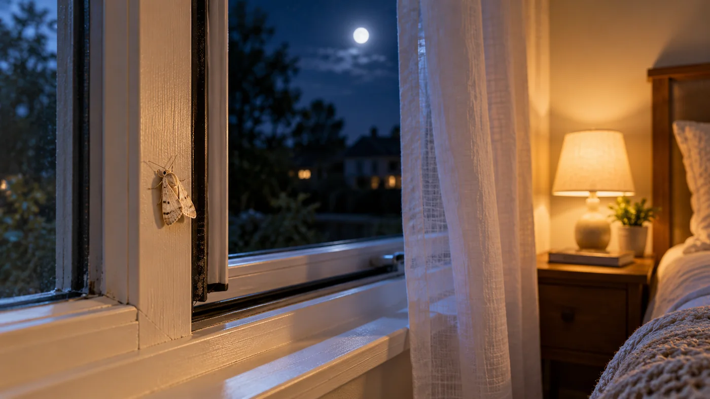 Pale moth resting on an open bedroom window frame at night