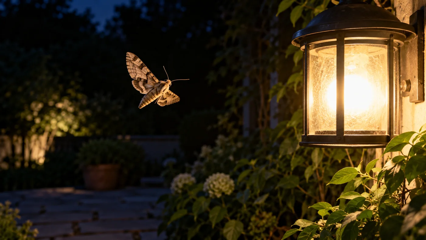 Moth flying near a warm porch lamp in a dark garden