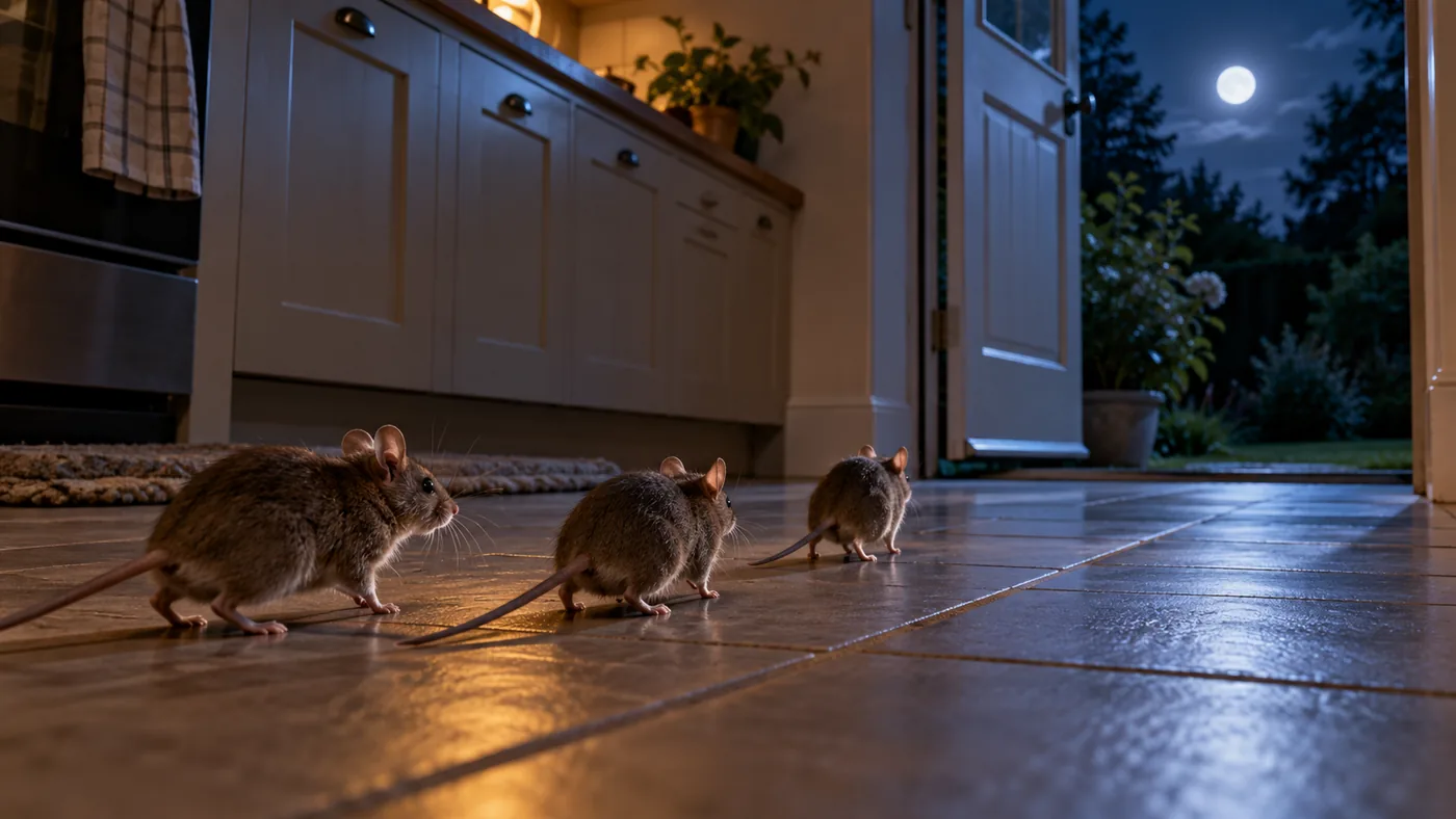 Three house mice crossing a moonlit kitchen floor toward an open door