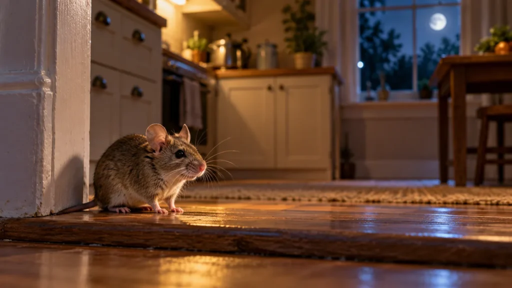 Small house mouse paused on a wooden kitchen threshold at night