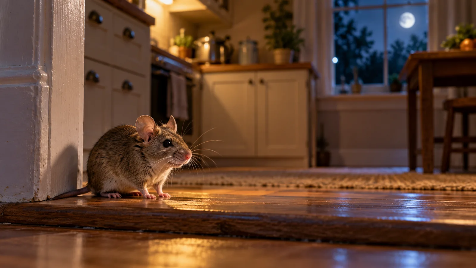 Small house mouse paused on a wooden kitchen threshold at night