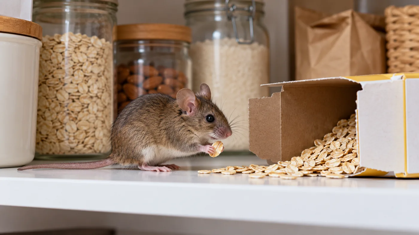 Small house mouse beside an open cereal box on a pantry shelf