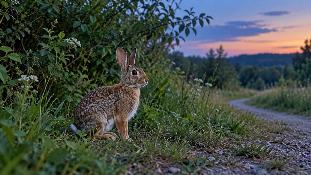 Brown rabbit paused between protective brush and an open path