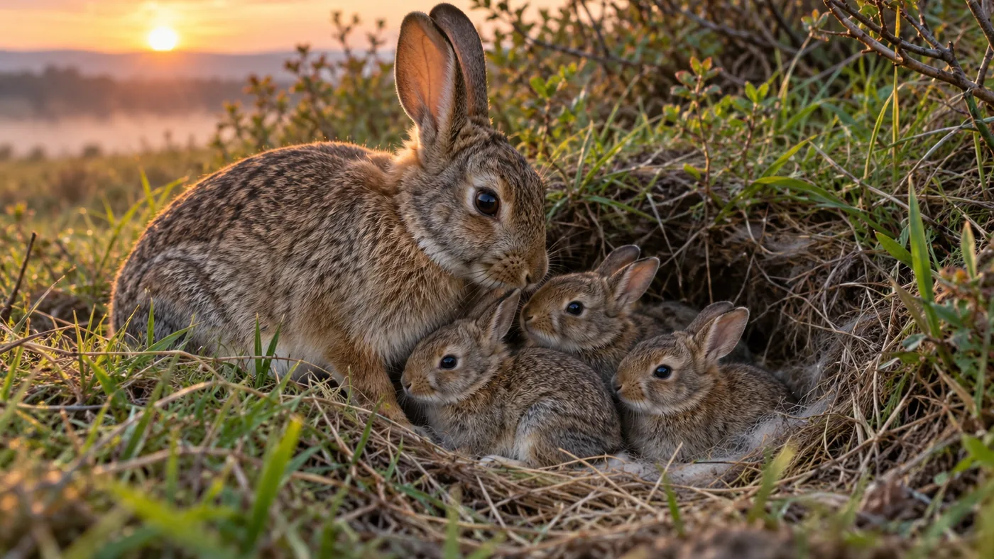 Adult brown rabbit sheltering three young kits in grass