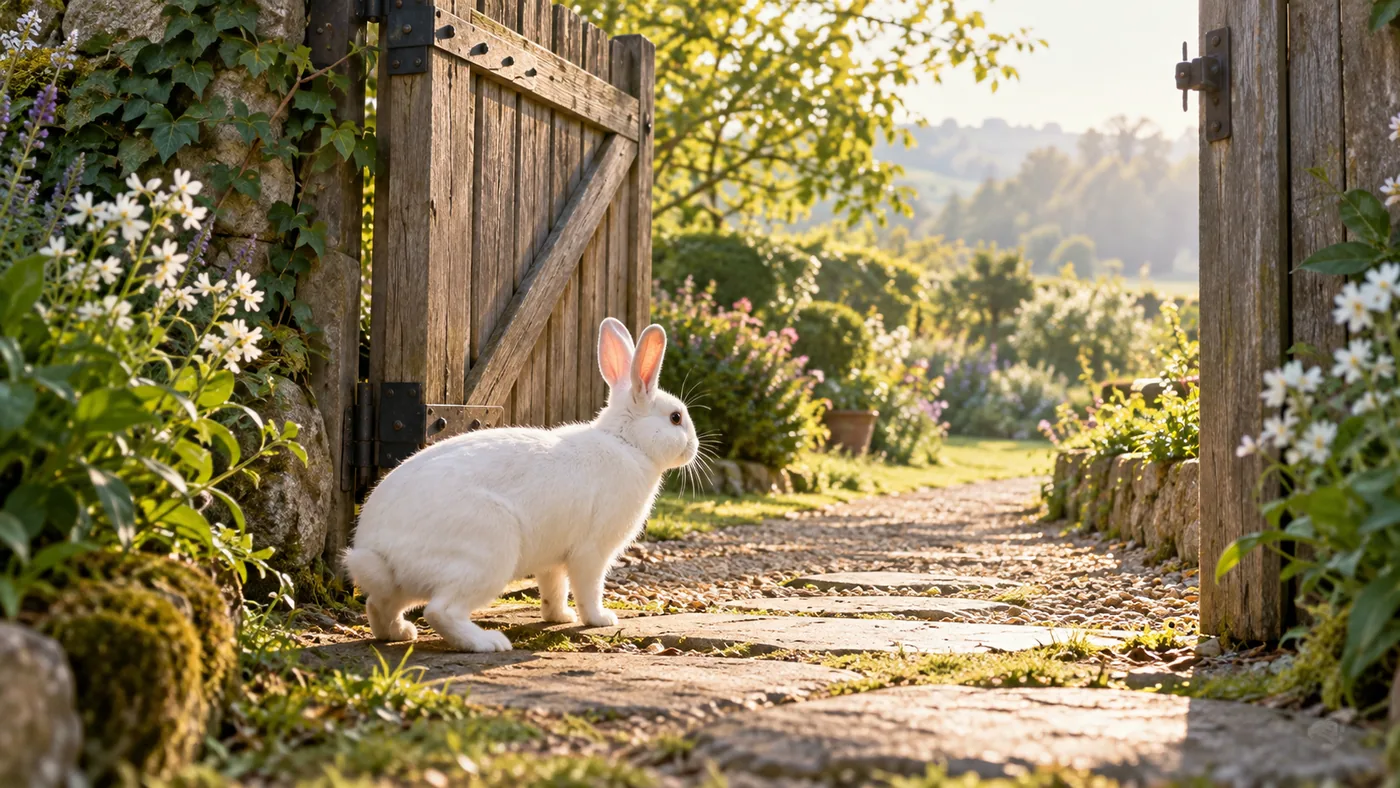 White rabbit pausing beside an open garden gate